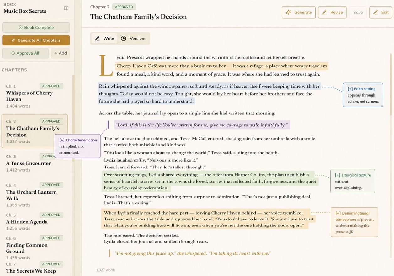 The Writing Room: a HolyInk AI chapter opening on screen