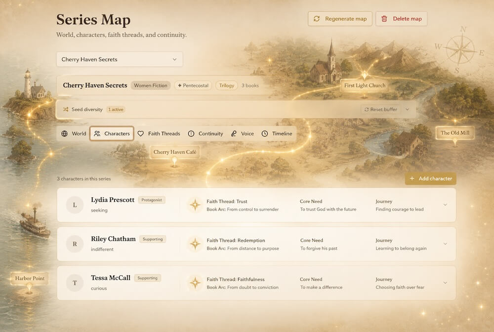 The Series Map tracking characters, locations and faith arcs