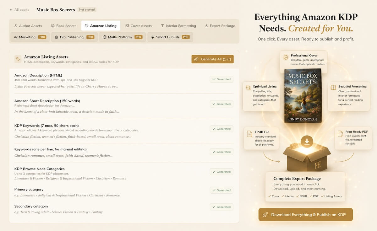 HolyInk AI generating the KDP cover, blurb, keywords and categories